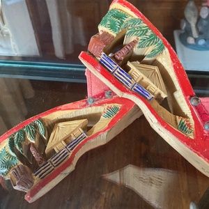 Retro Philippines carved wood wedges sandals